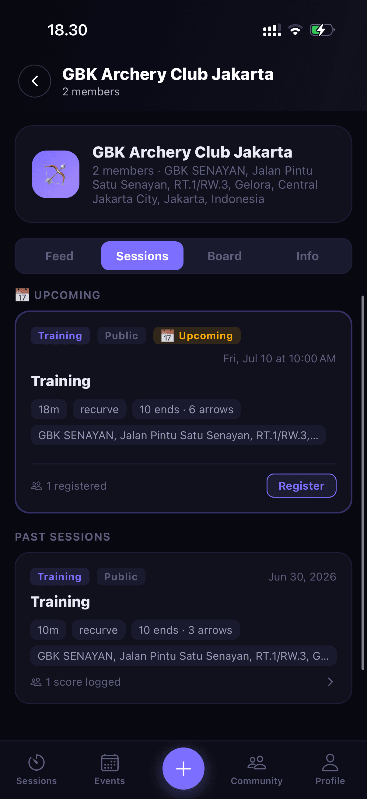 Club session details and participant scores in Quivry