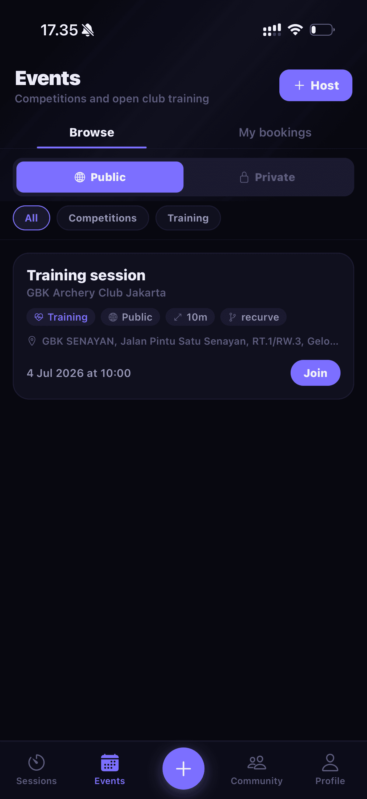 Quivry find events screen
