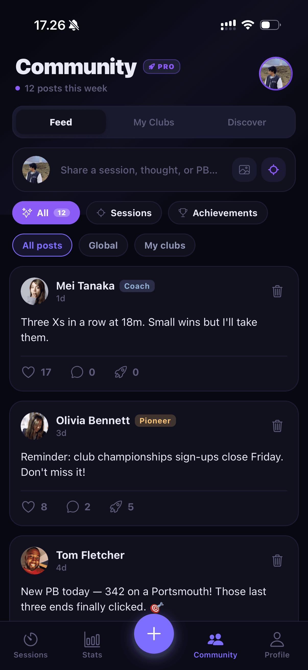 Quivry community feed — posts, sessions and achievements